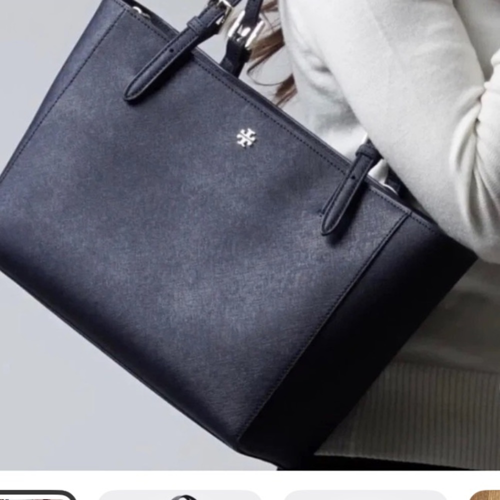 Tory Burch NAVY  Leather Tote with Gold Logo